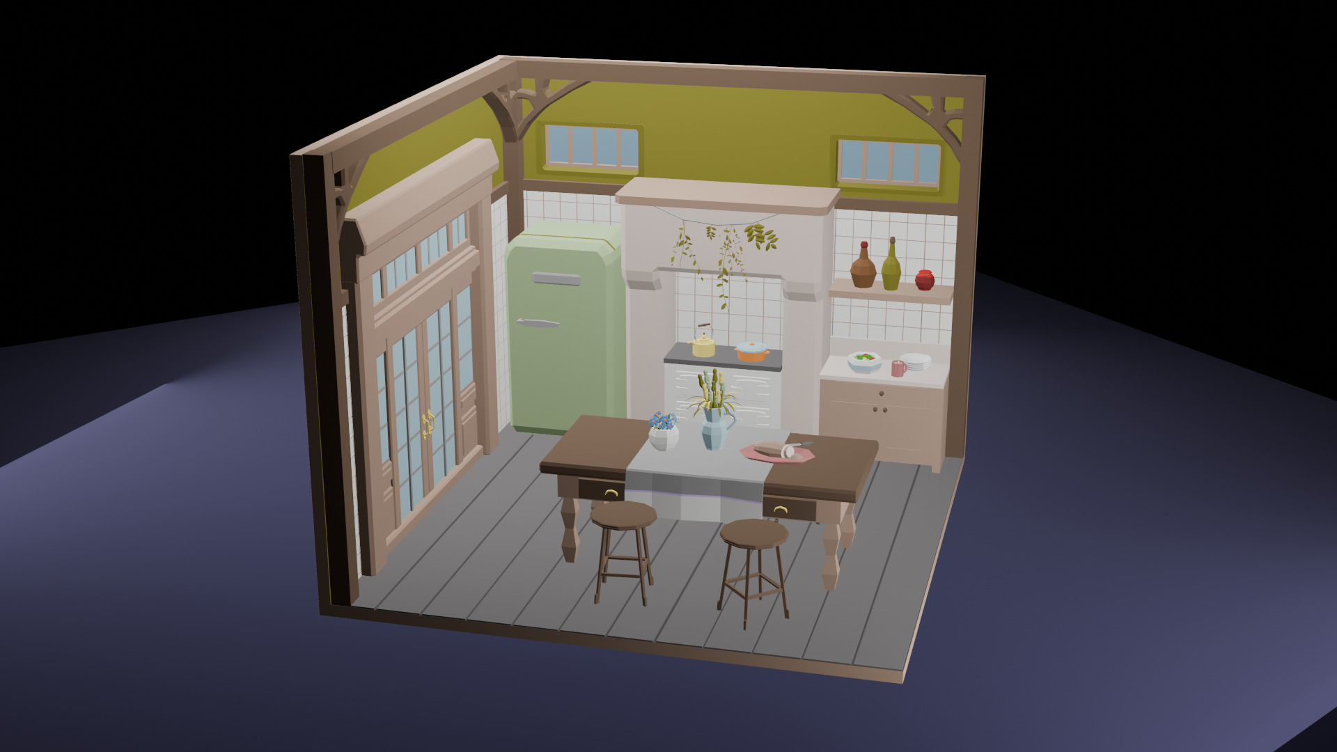 Low-Poly Cozy Kitchen Interior Scene 3D Model 3D model_2