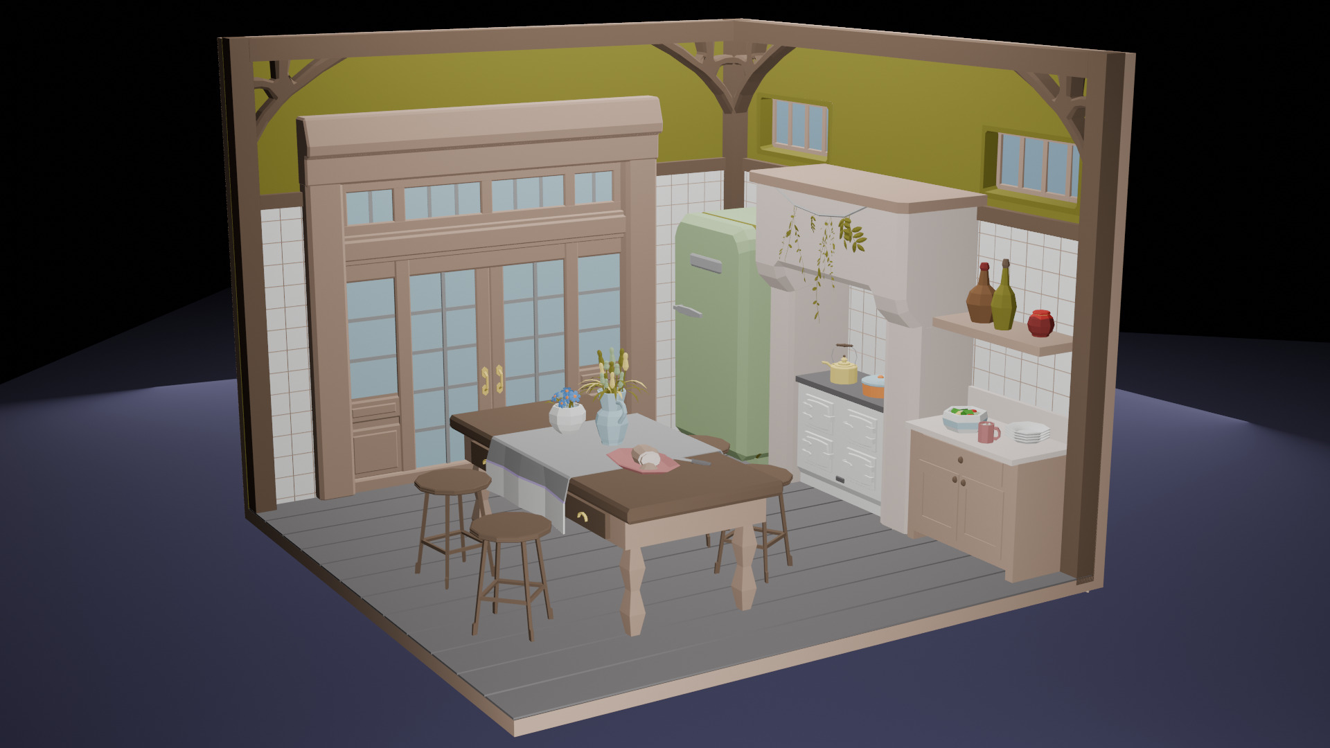 Low-Poly Cozy Kitchen Interior Scene 3D Model 3D model_3