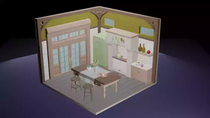 Low-Poly Cozy Kitchen Interior Scene 3D Model 3D model