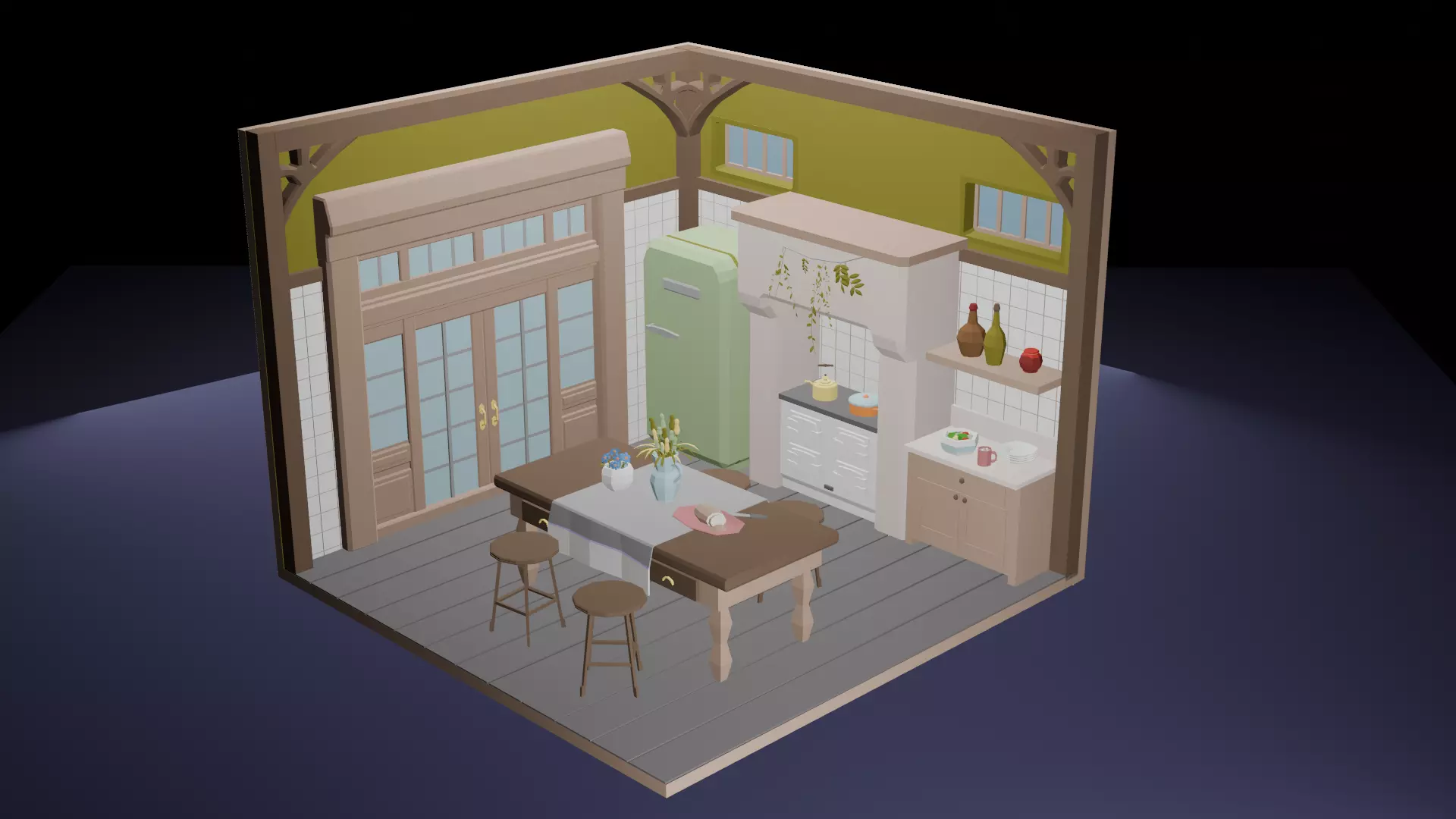 Low-Poly Cozy Kitchen Interior Scene 3D Model 3D model_0
