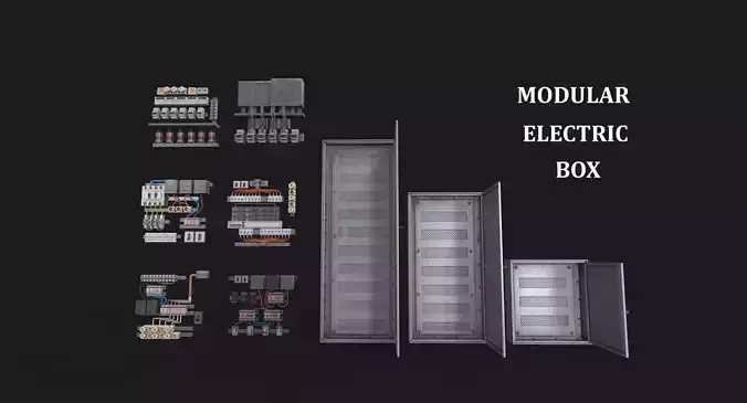 3 Modular Electric Boxes and 6 Interior Parts Low Poly PBR