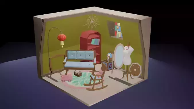Low-Poly Eerie Haunted Room Interior Scene 3D Model Low-poly 3D model