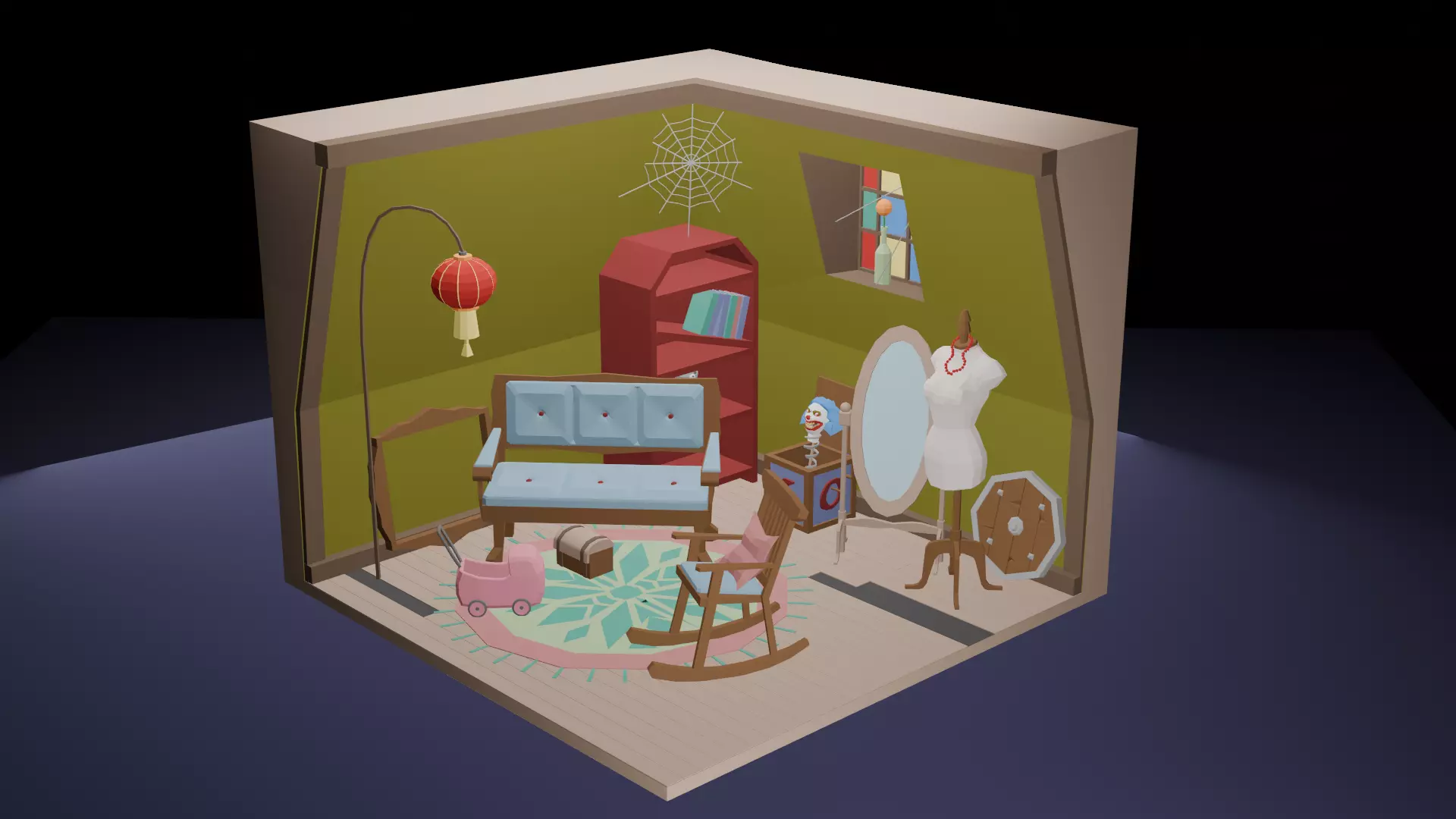 Low-Poly Eerie Haunted Room Interior Scene 3D Model Low-poly 3D model_0