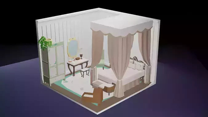 Low-Poly Elegant Bedroom Interior Scene 3D Model Low-poly 3D model