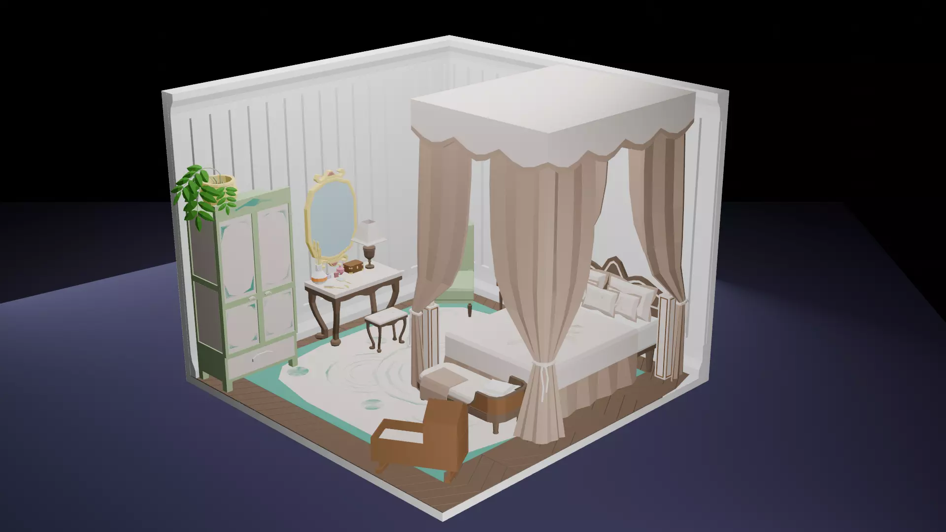 Low-Poly Elegant Bedroom Interior Scene 3D Model Low-poly 3D model_0