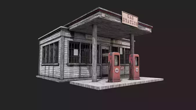 Old Abandoned Gas Station Low Poly PBR  Low-poly 3D model