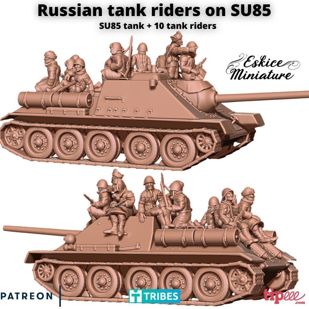 SU85 Tank with russian tank riders - 28mm 3D print model_2