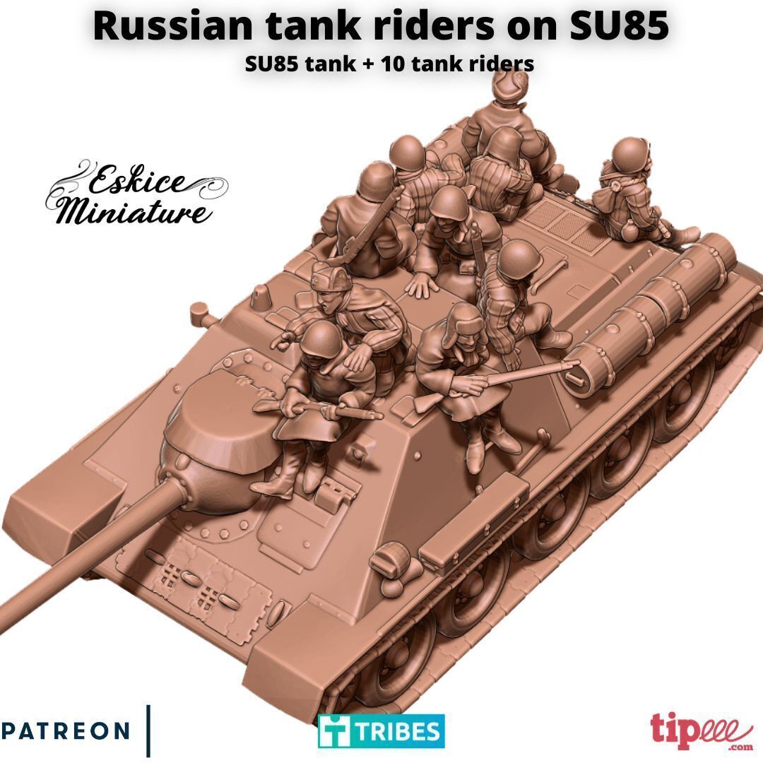 SU85 Tank with russian tank riders - 28mm 3D print model_1