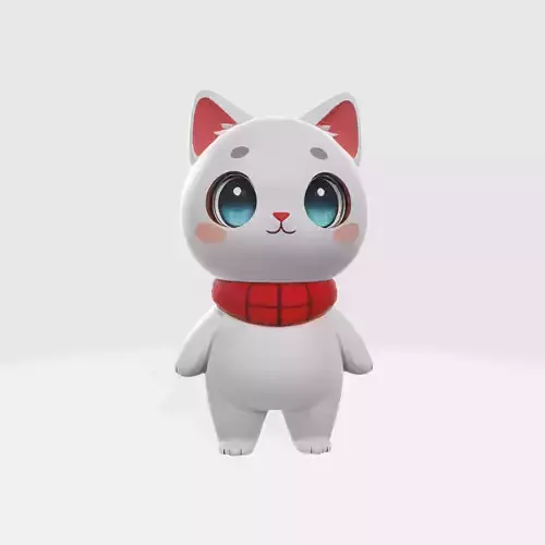 Adorable Chibi White Cat with Red Scarf