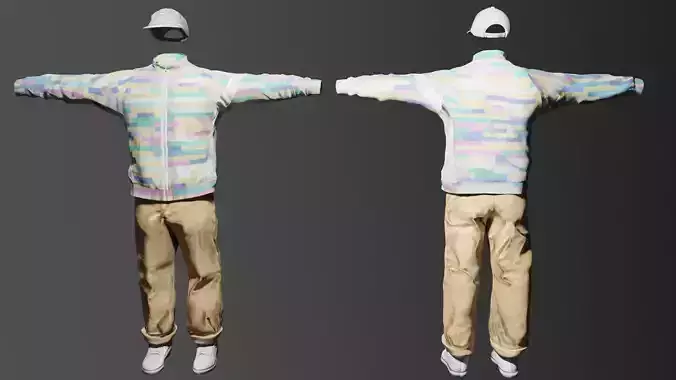 Male Casual Outfit Hoodie Jeans Cap Shoes Sneakers Low-poly 