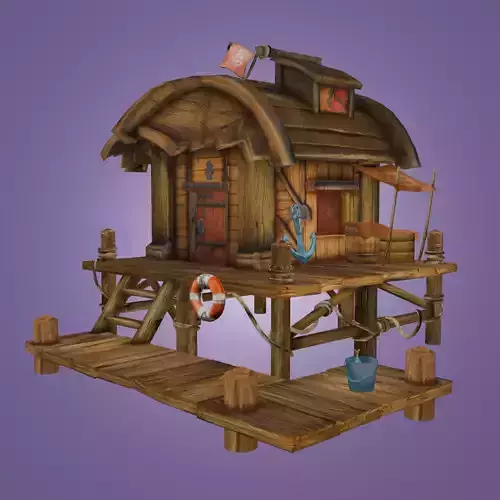 Stylized Cozy Wooden Dock House Game Ready Low-poly 3D model