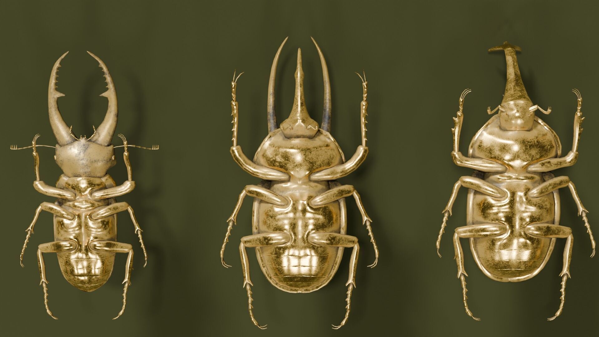 Stag rhinoceros atlas beetles realistic plus gold textures 3D model_8