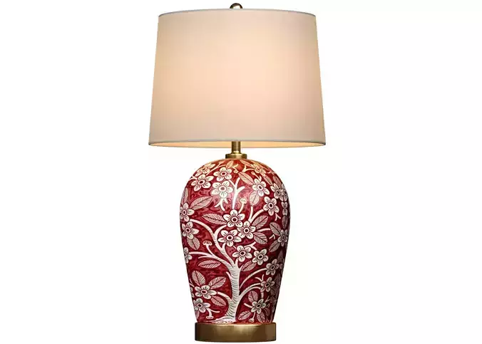 Handmade Sakura Bird Red Ginger Jar Ceramic Table Lamp