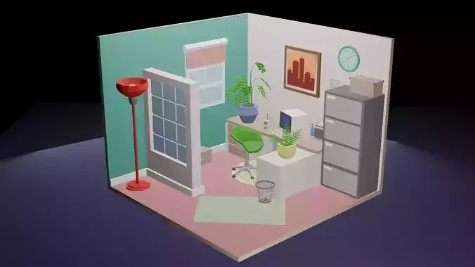 Low-Poly Office Cubicle Interior Scene 3D Model Low-poly 3D model