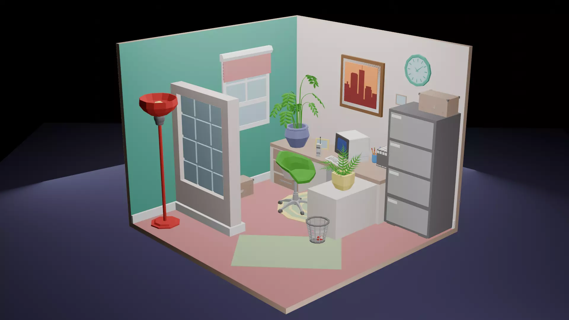 Low-Poly Office Cubicle Interior Scene 3D Model Low-poly 3D model_0