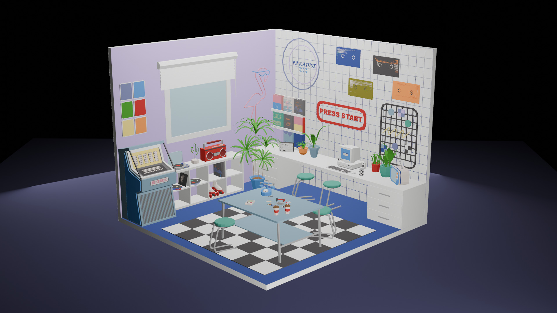 Low-Poly Retro Office Interior Scene 3D Model Low-poly 3D model_1
