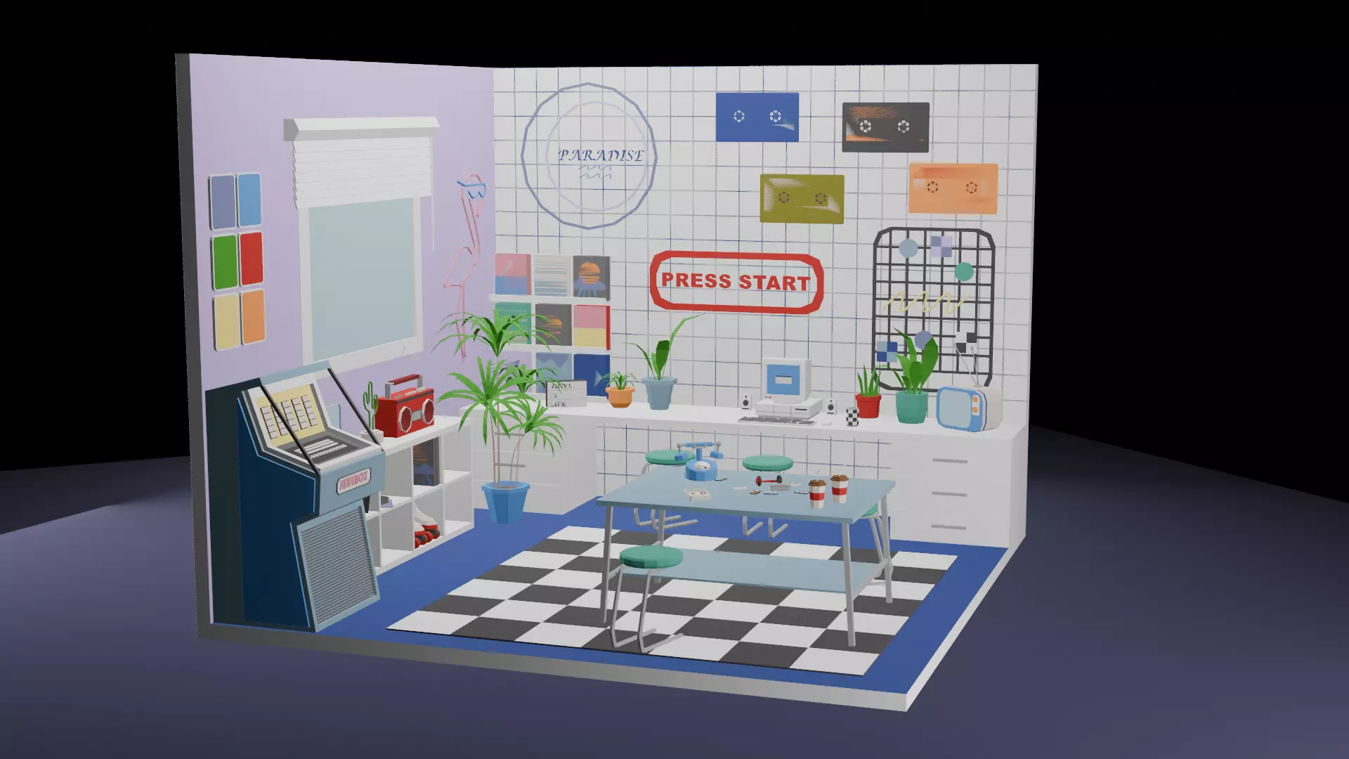 Low-Poly Retro Office Interior Scene 3D Model Low-poly 3D model_0