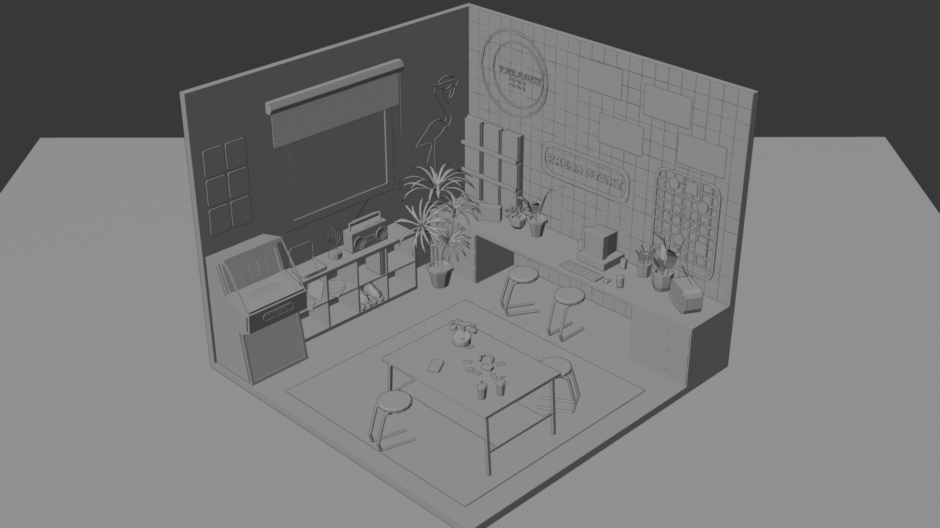 Low-Poly Retro Office Interior Scene 3D Model Low-poly 3D model_4