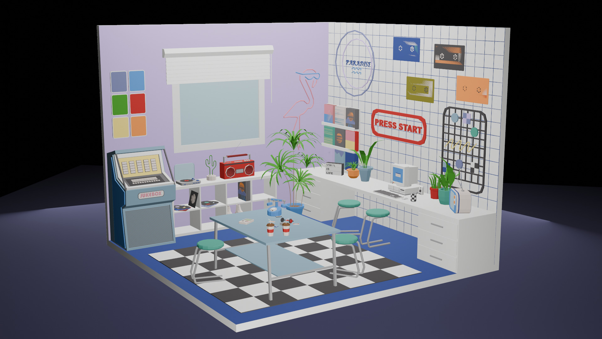 Low-Poly Retro Office Interior Scene 3D Model Low-poly 3D model_2