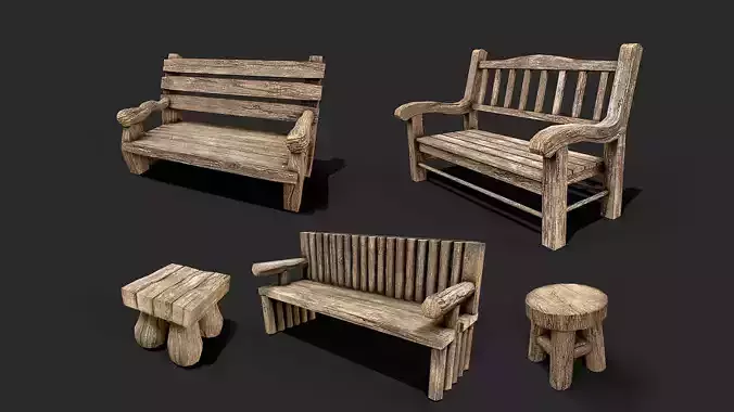 Wooden Benchs and Stools Set