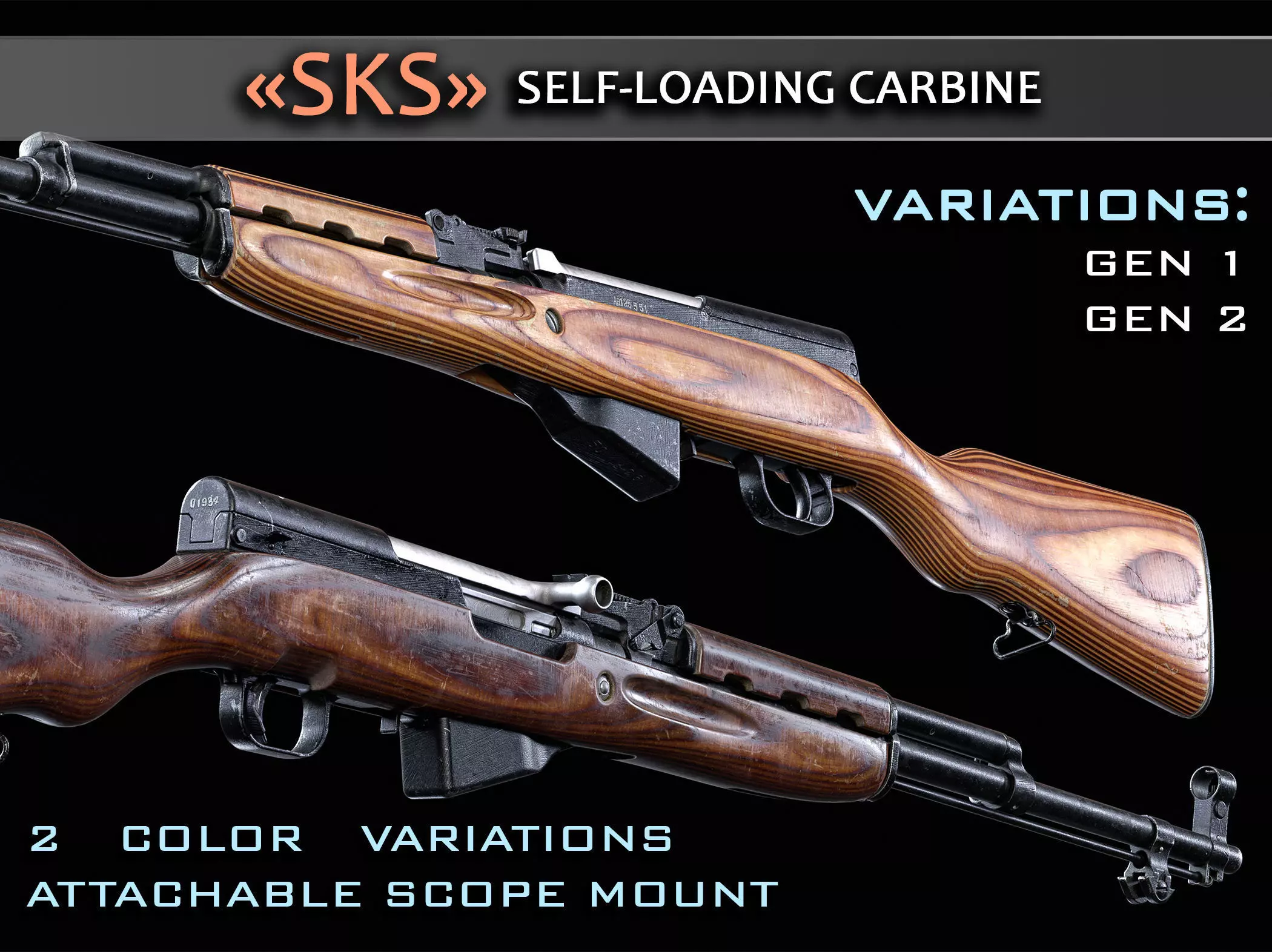 SKS Rifle - Realistic PBR Game Ready Model Low-poly 3D model_0