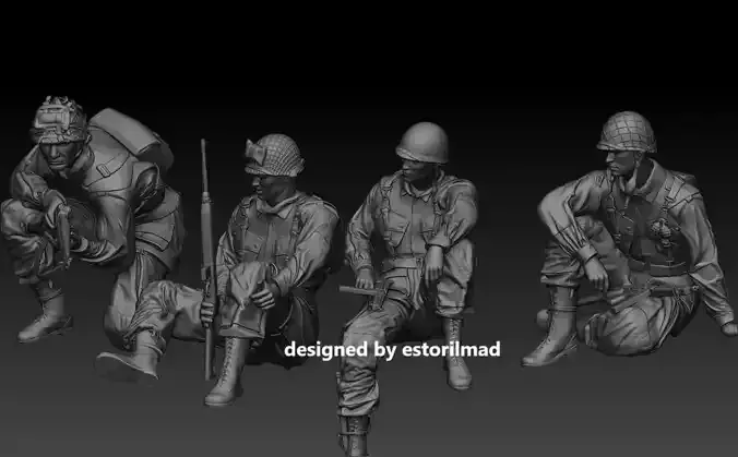 WW2  4 US AMERICAN PARATROOPER TANK SHERMAN RIDERS 3D print model