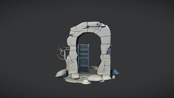 stone archway with wooden gate 3D model