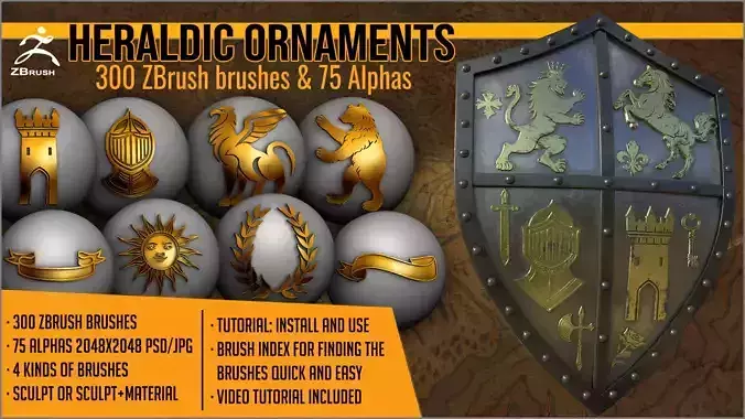 Heraldic Ornaments Maker 300 ZBrush brushes and 75 alphas Texture