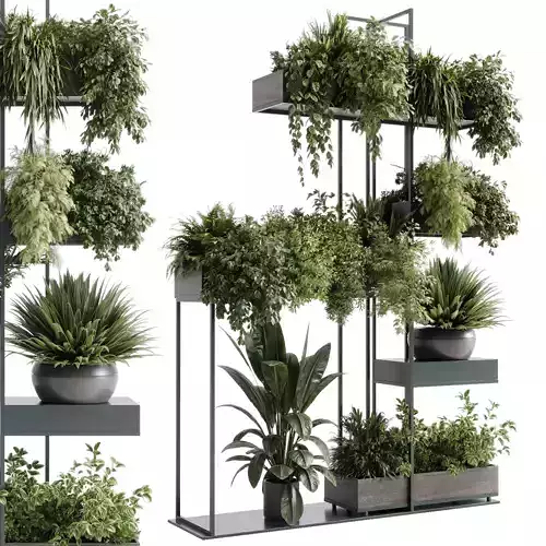 Standing metal shelf with a set of plants in wooden  586 Low-poly 3D model