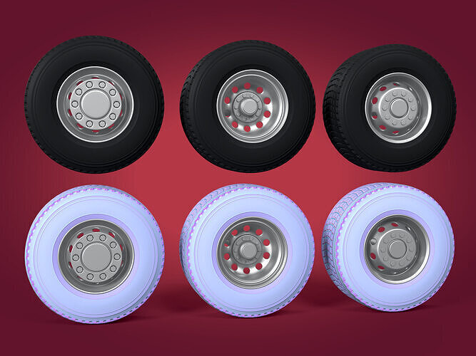 Heavy - Large  Truck Wheels -- High - Low Poly Version Low-poly 3D model
