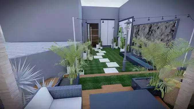  Terrace Garden 3D Model with Pergola and Water Feature