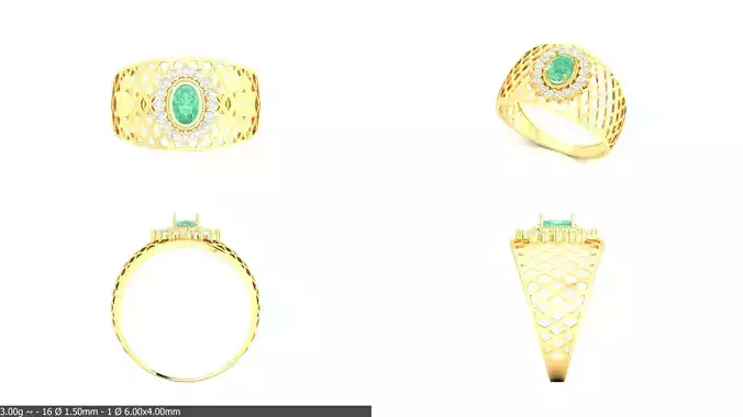 Gold  Filigree Ring Oval Emerald  Diamonds  3D Model Print Ready