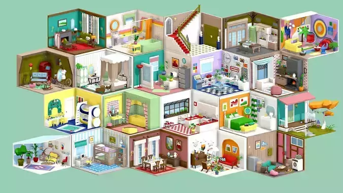 Low Poly Retro Vintage Room Collection Pack of 10 