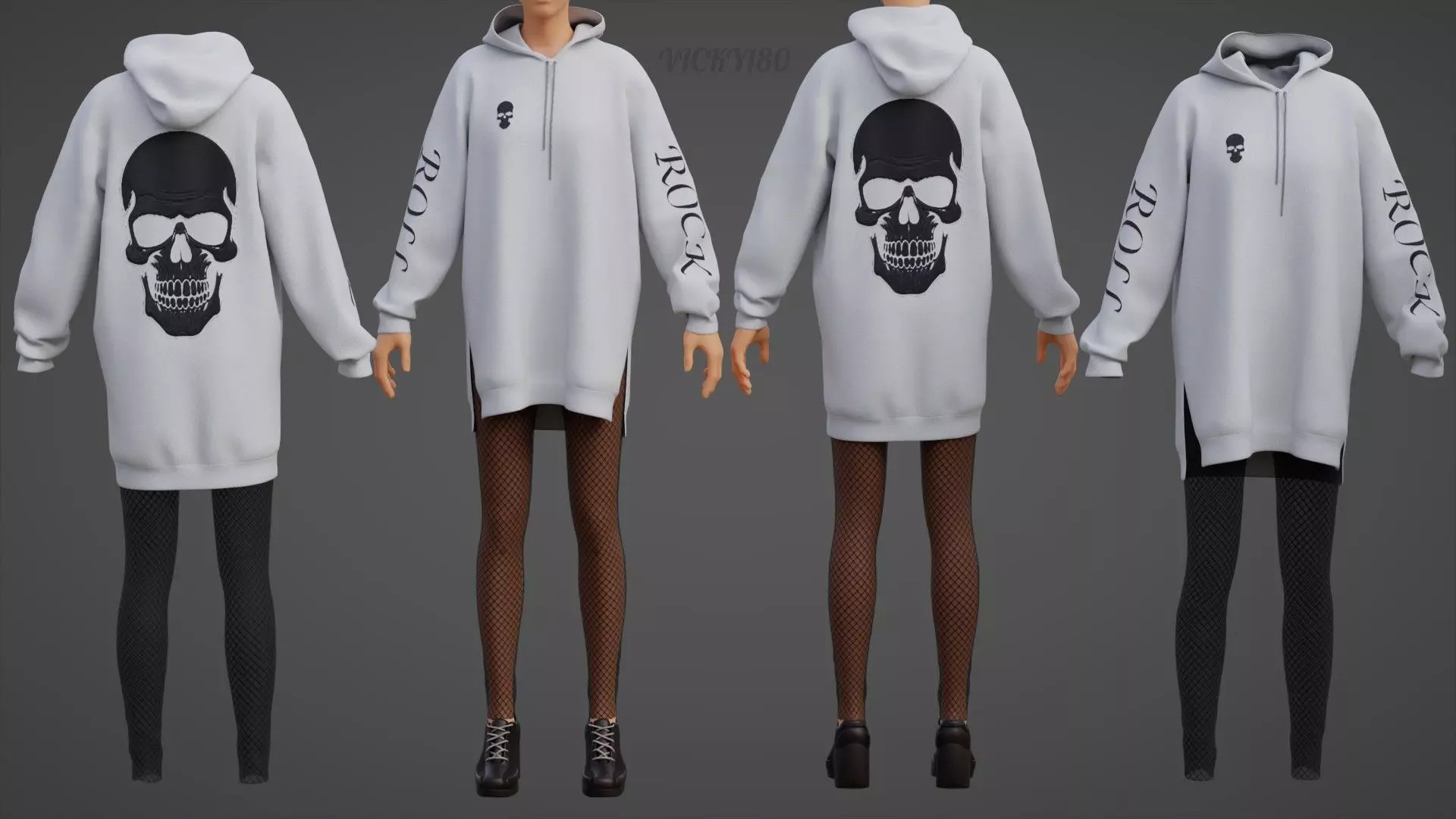 Gothic Oversized Sweatshirt Hoodie Fishnet Tights Grunge Outfit 3D model_0