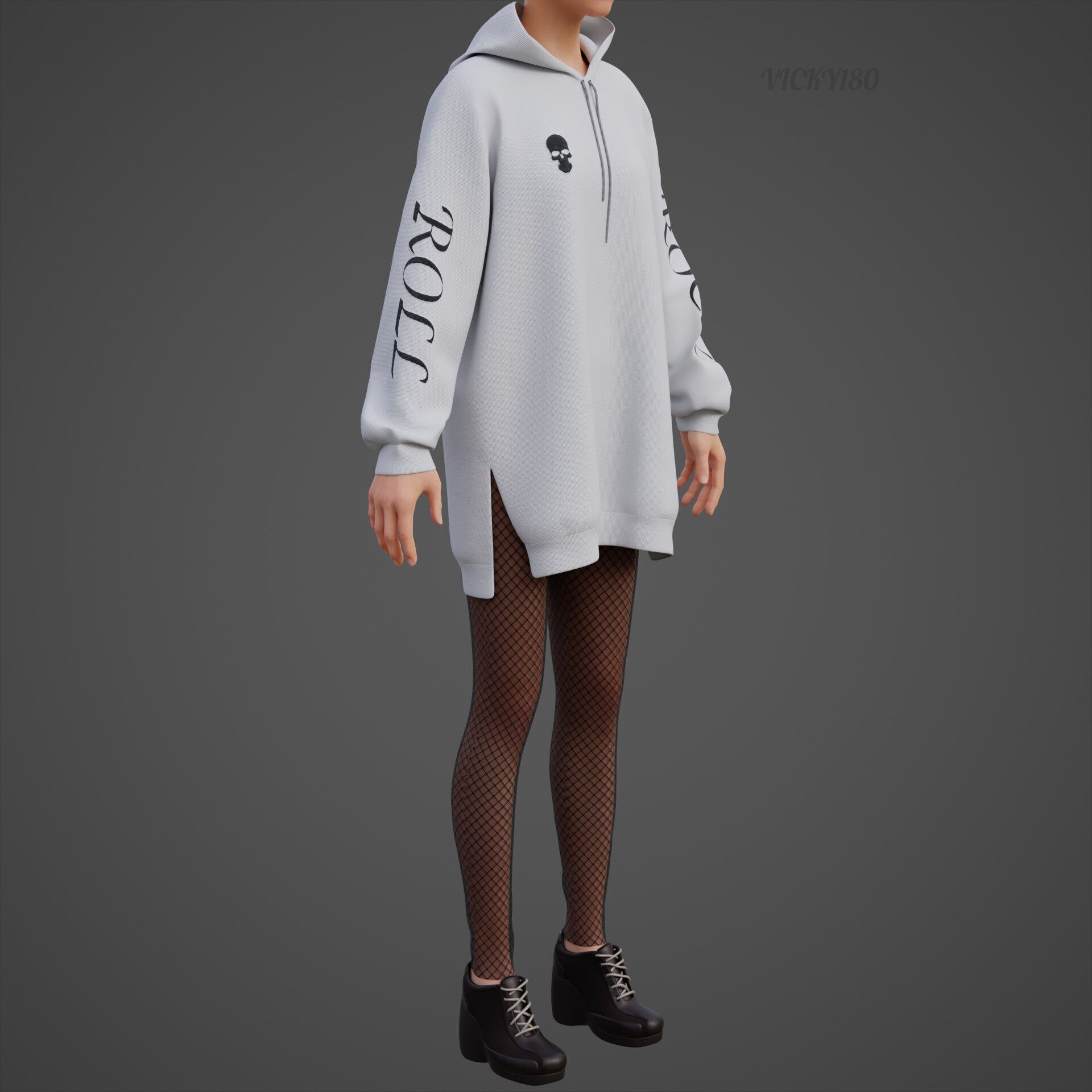 Gothic Oversized Sweatshirt Hoodie Fishnet Tights Grunge Outfit 3D model_14
