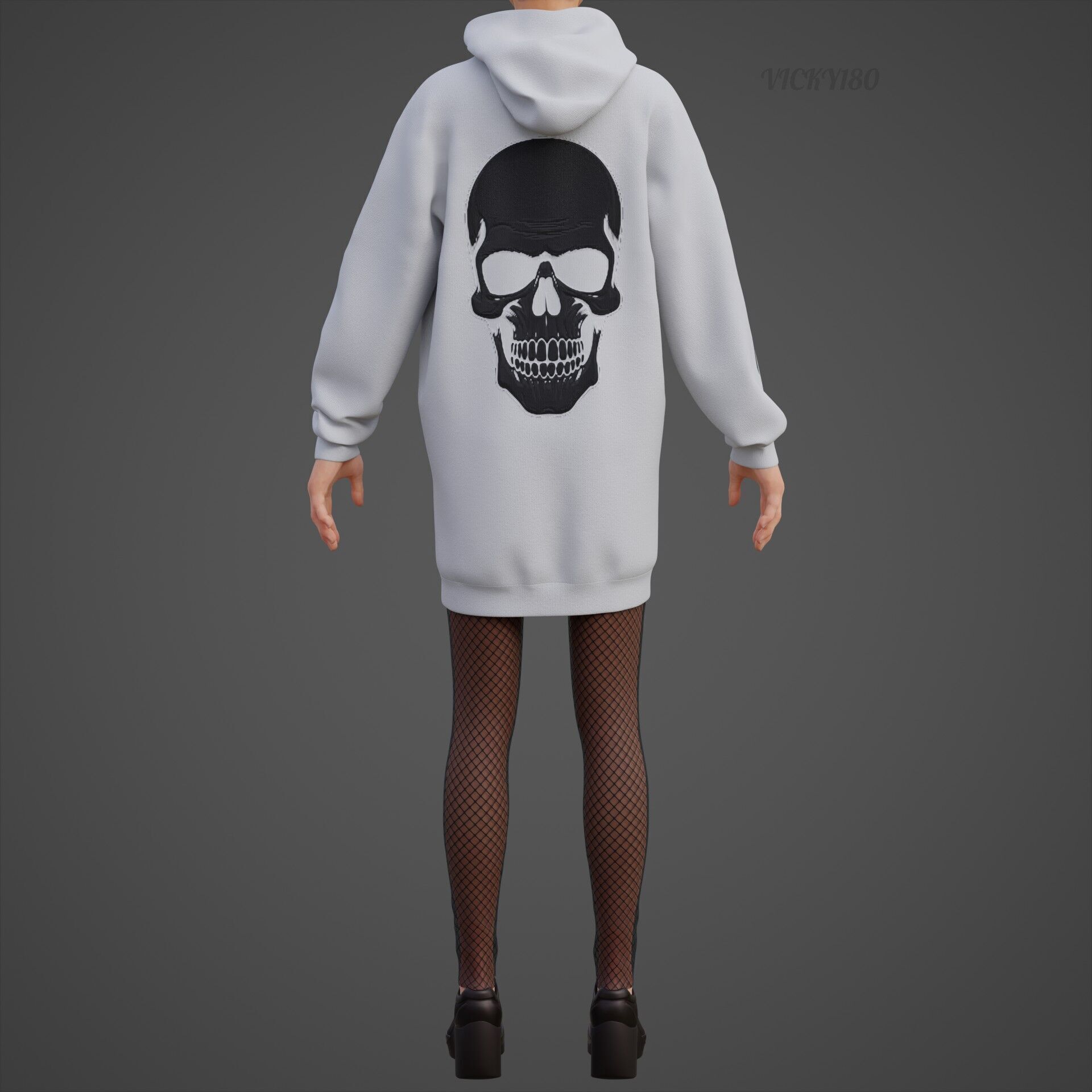Gothic Oversized Sweatshirt Hoodie Fishnet Tights Grunge Outfit 3D model_17