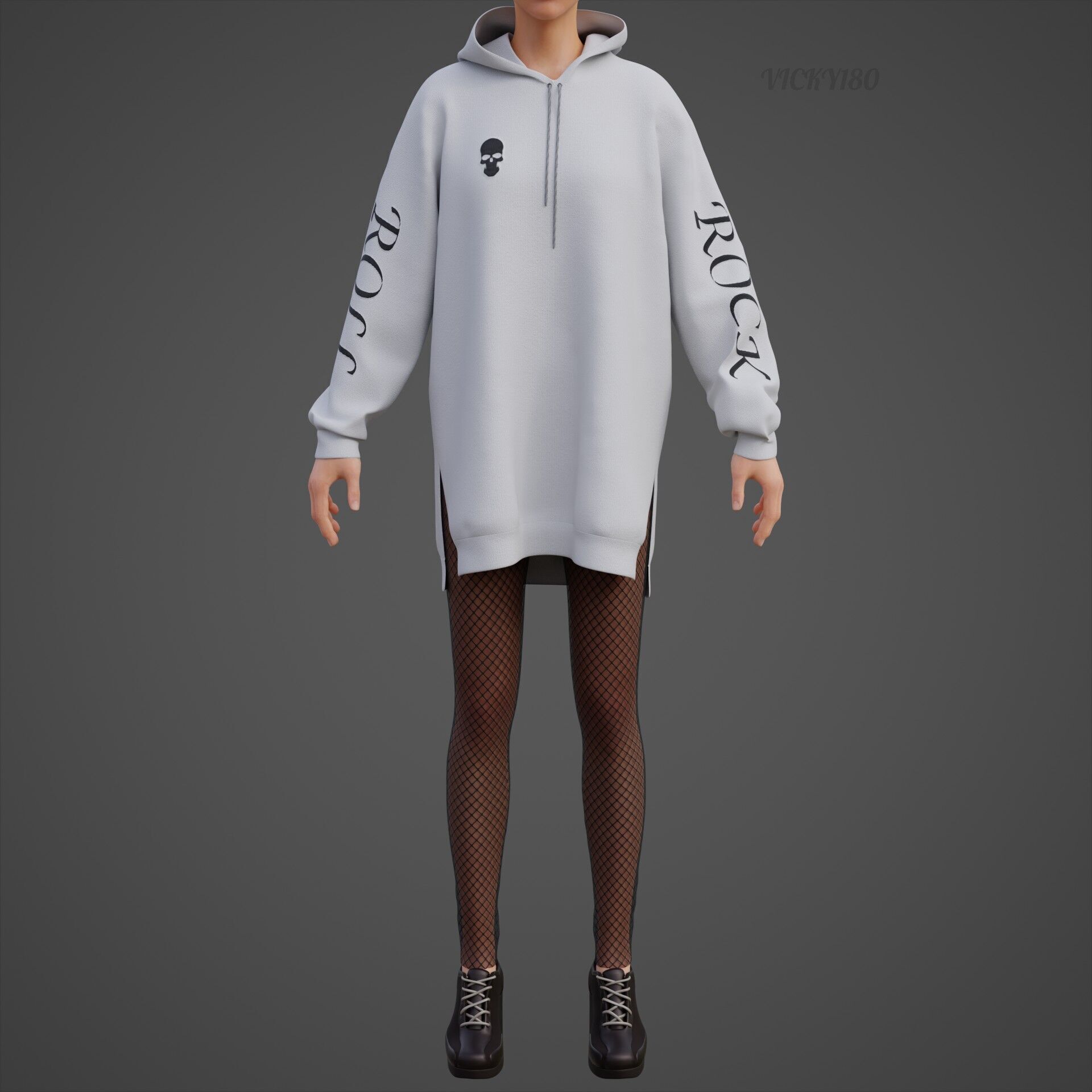 Gothic Oversized Sweatshirt Hoodie Fishnet Tights Grunge Outfit 3D model_13