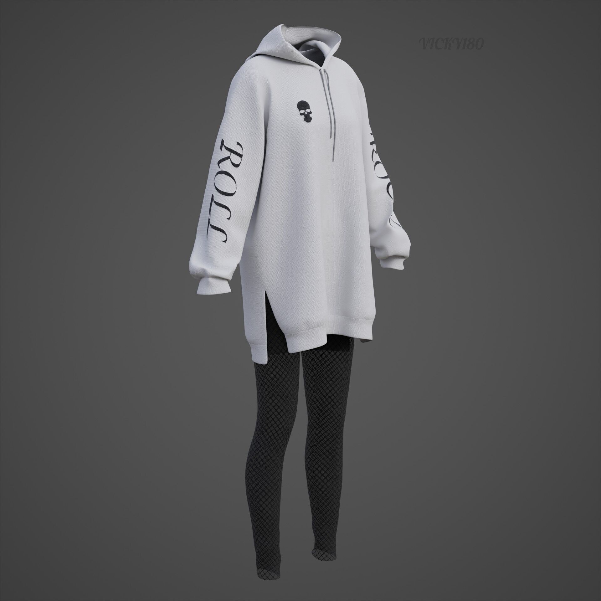 Gothic Oversized Sweatshirt Hoodie Fishnet Tights Grunge Outfit 3D model_28