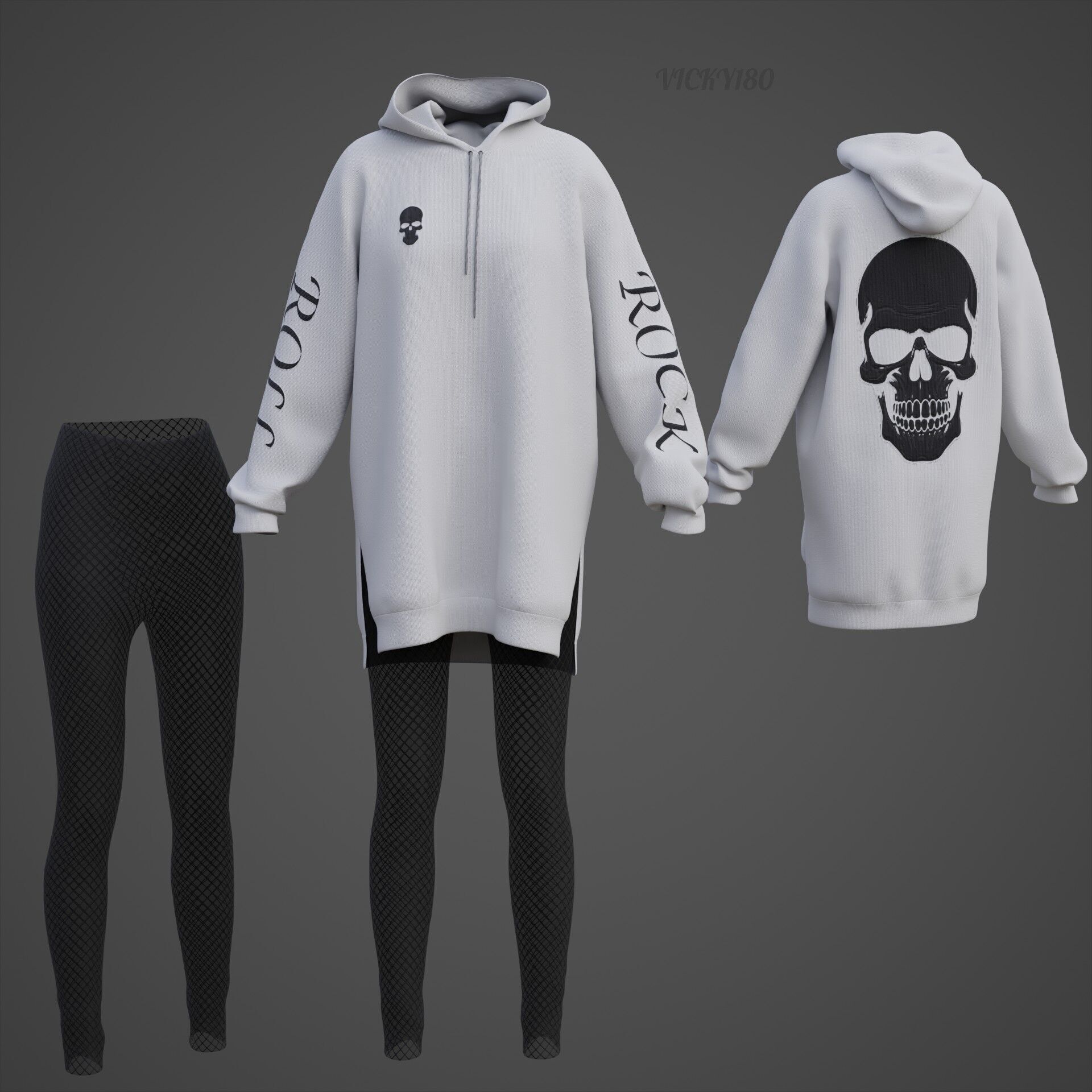 Gothic Oversized Sweatshirt Hoodie Fishnet Tights Grunge Outfit 3D model_23