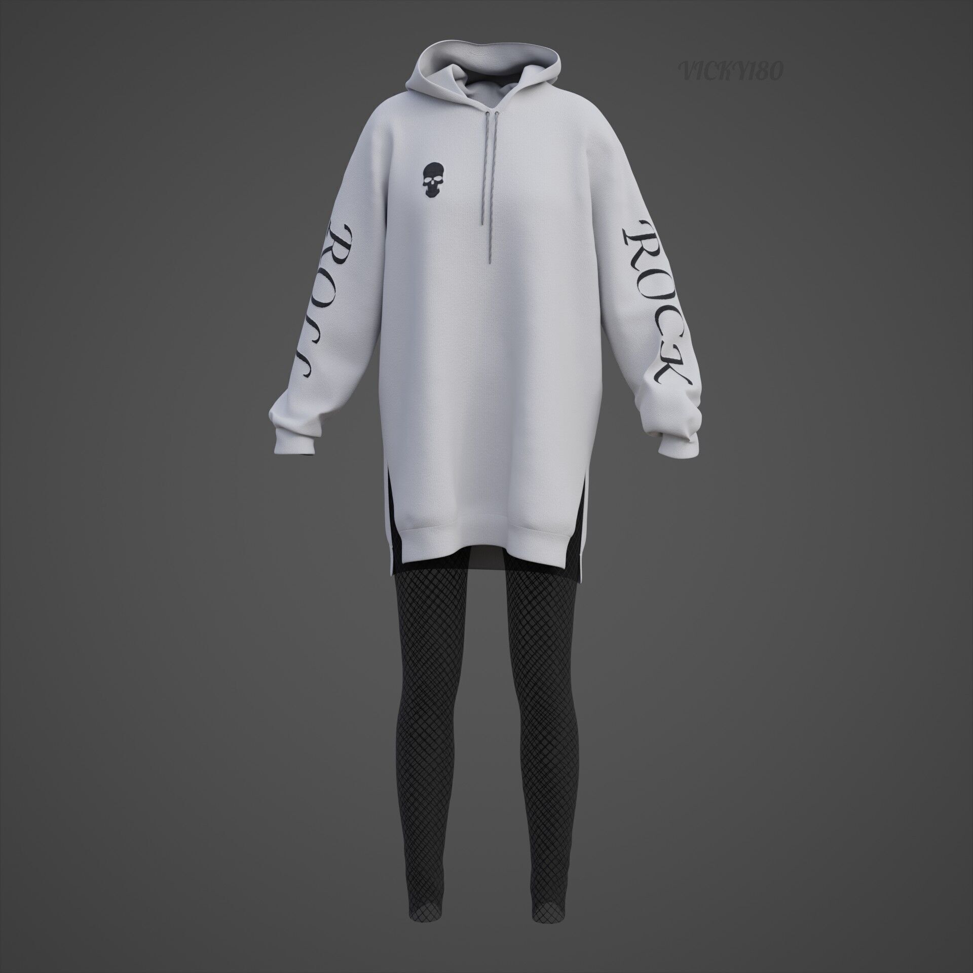 Gothic Oversized Sweatshirt Hoodie Fishnet Tights Grunge Outfit 3D model_35