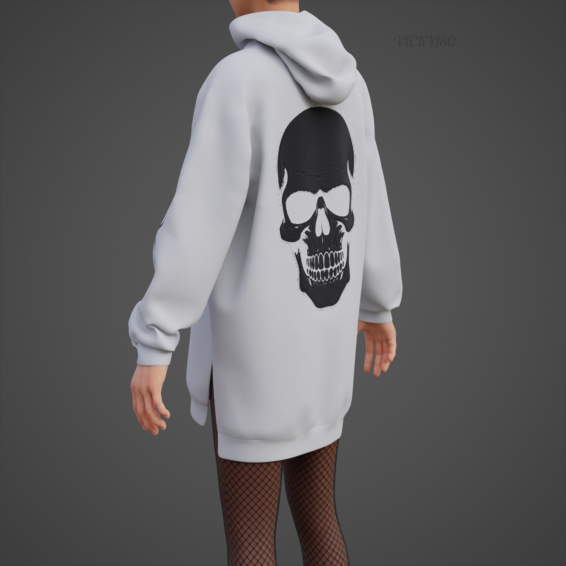 Gothic Oversized Sweatshirt Hoodie Fishnet Tights Grunge Outfit 3D model_16