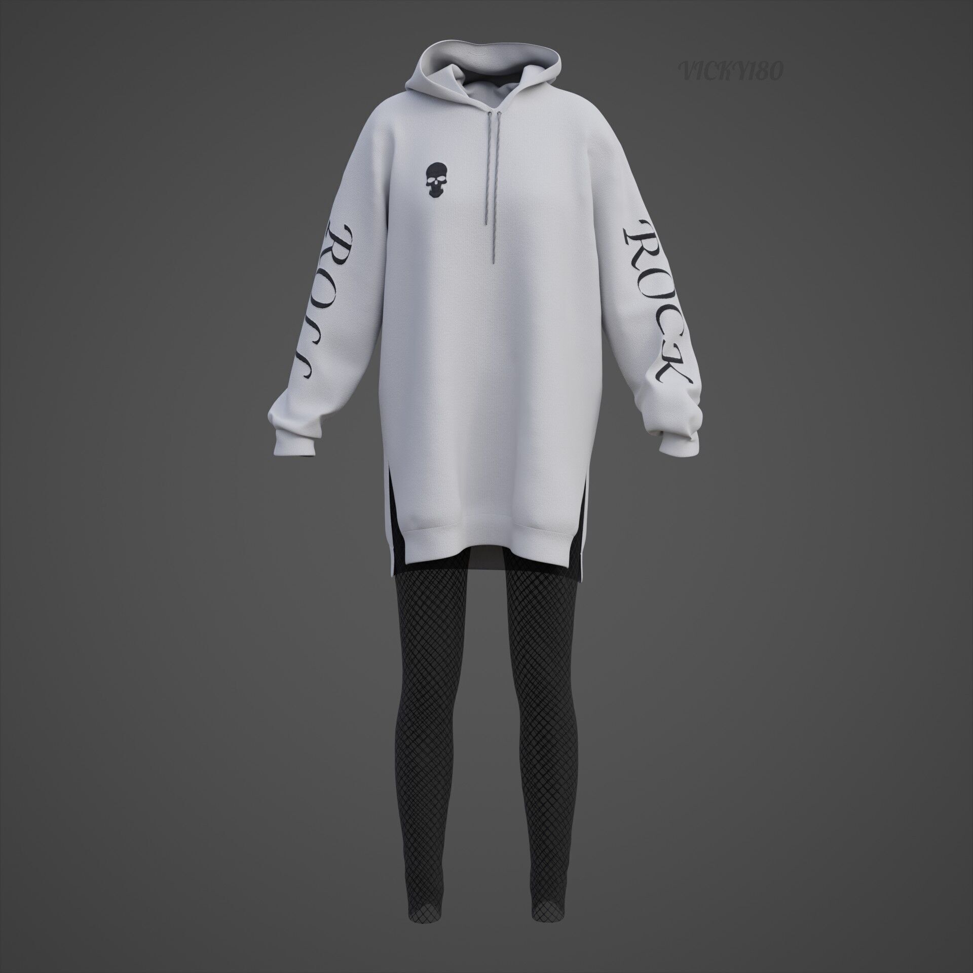 Gothic Oversized Sweatshirt Hoodie Fishnet Tights Grunge Outfit 3D model_26