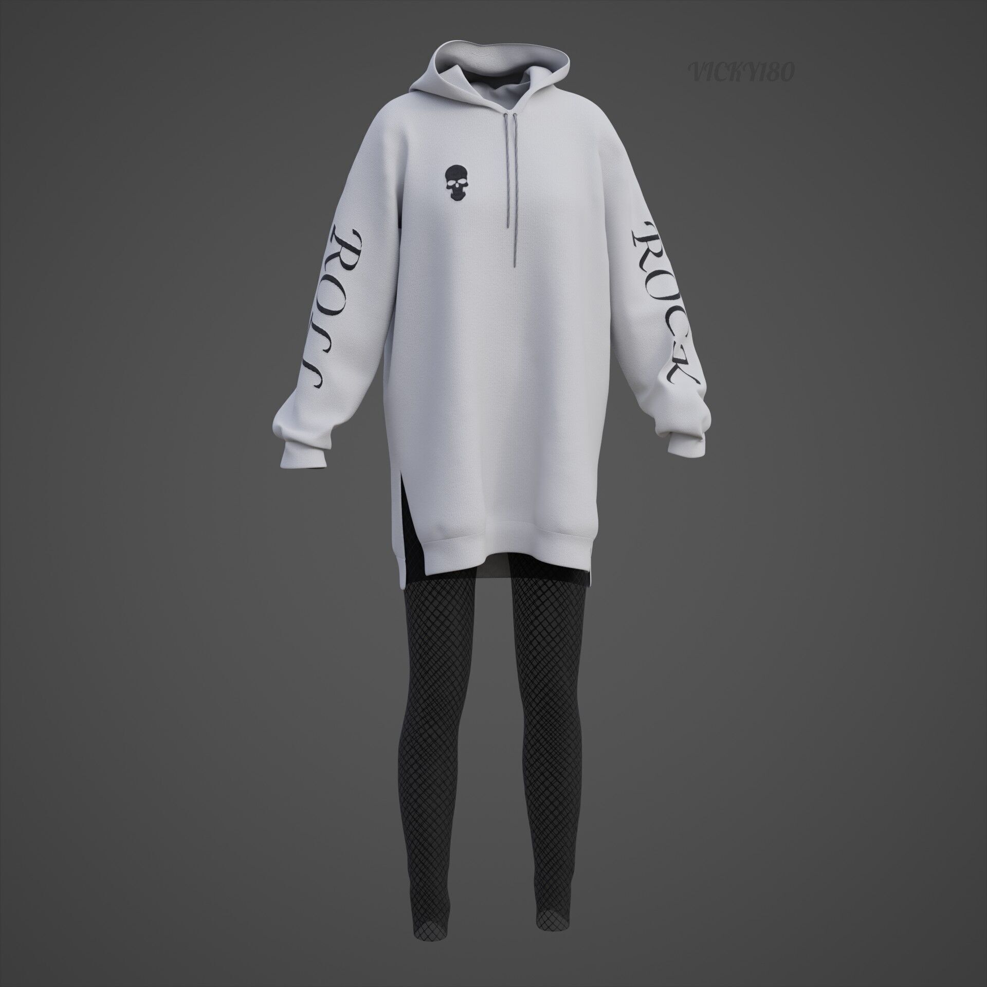 Gothic Oversized Sweatshirt Hoodie Fishnet Tights Grunge Outfit 3D model_27