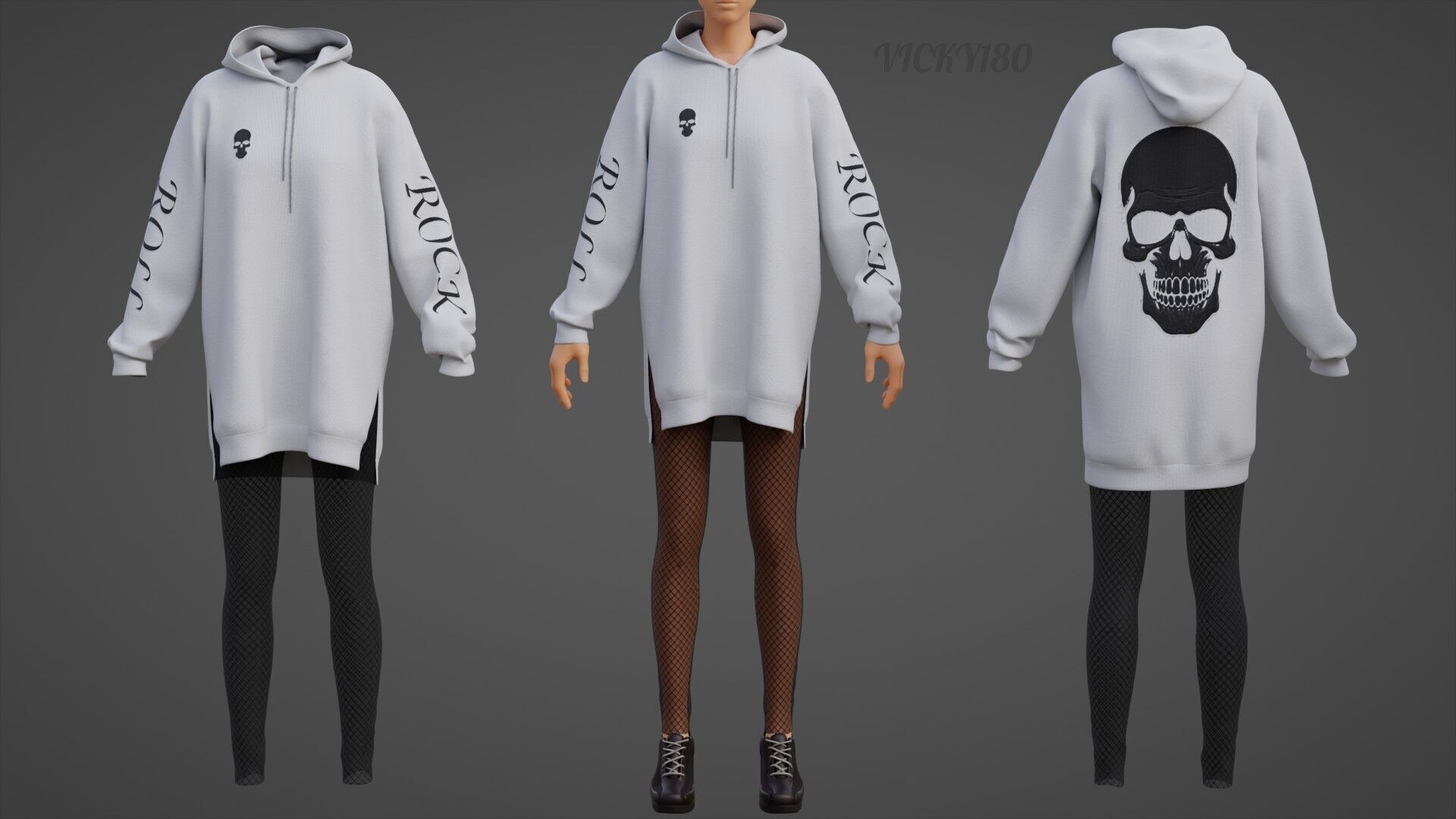 Gothic Oversized Sweatshirt Hoodie Fishnet Tights Grunge Outfit 3D model_36