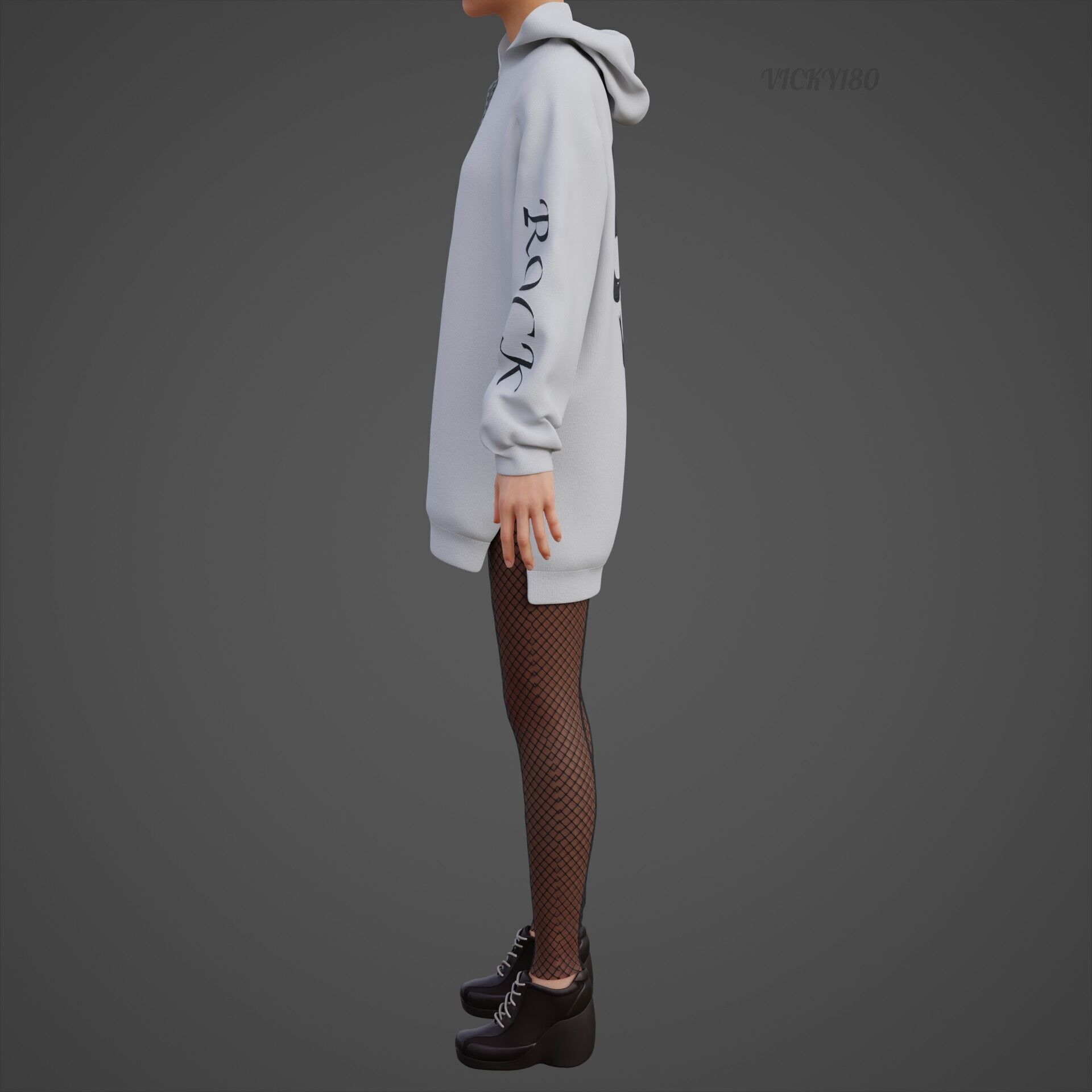 Gothic Oversized Sweatshirt Hoodie Fishnet Tights Grunge Outfit 3D model_15