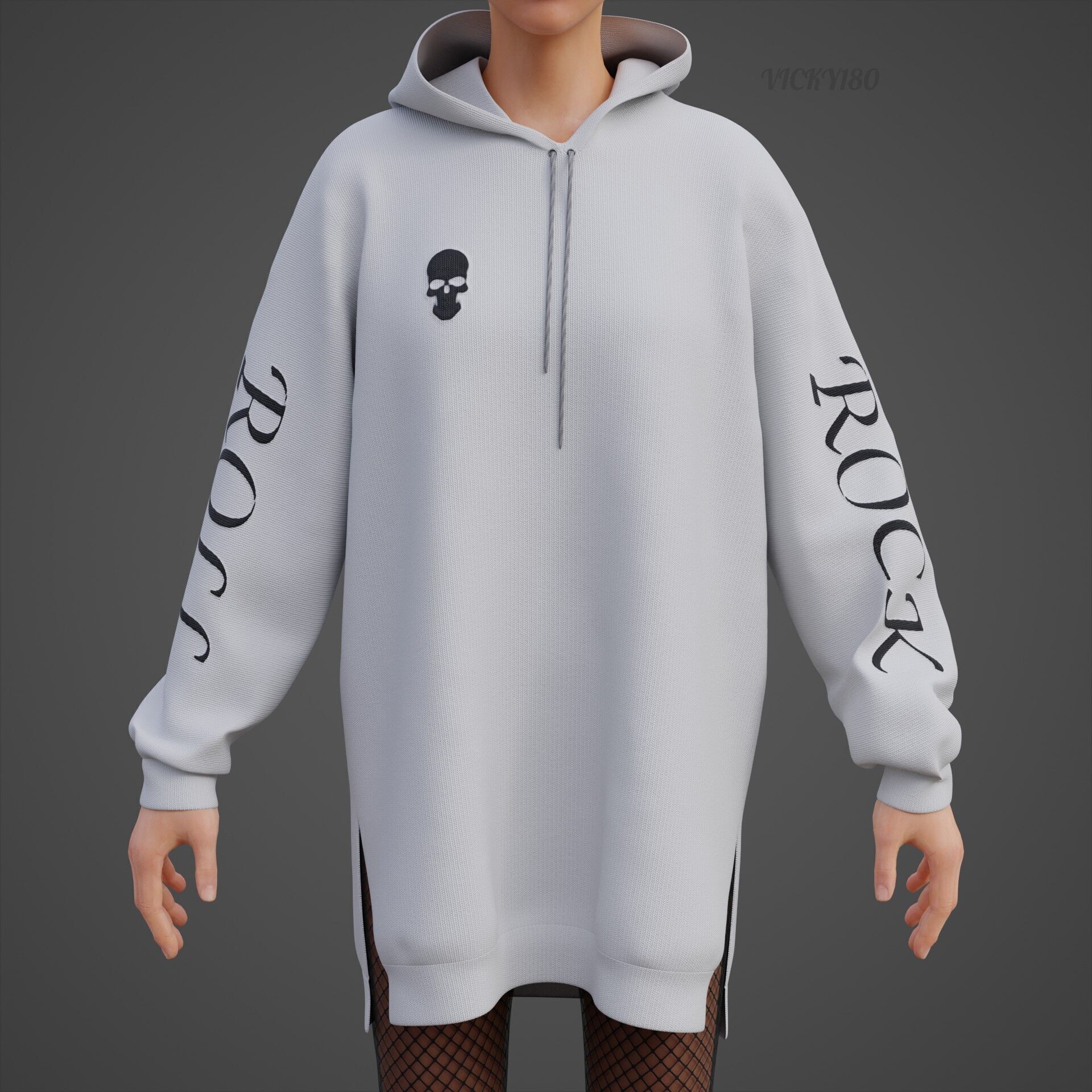 Gothic Oversized Sweatshirt Hoodie Fishnet Tights Grunge Outfit 3D model_18