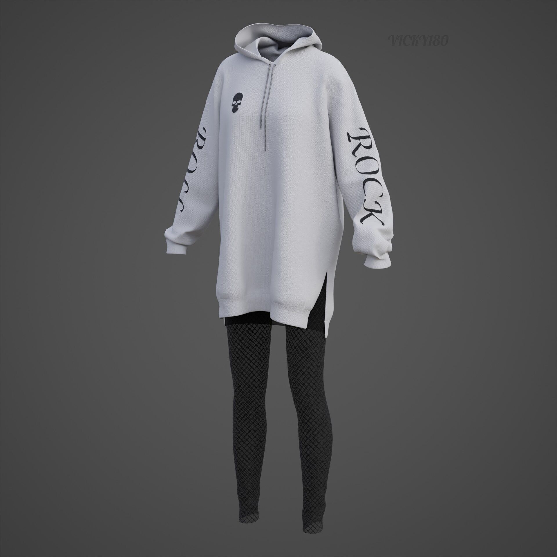 Gothic Oversized Sweatshirt Hoodie Fishnet Tights Grunge Outfit 3D model_34