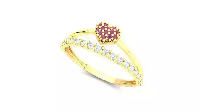 Gold Ring Delicate Heart Pave Ruby with Diamond Band 3D Ready