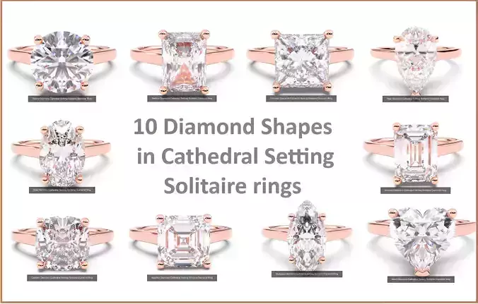 10 Diamond Shapes in Cathedral Setting Solitaire rings 3D Model Collection