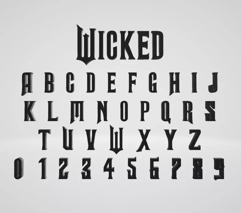WICKED font alphabet letters numbers 3D print model_0